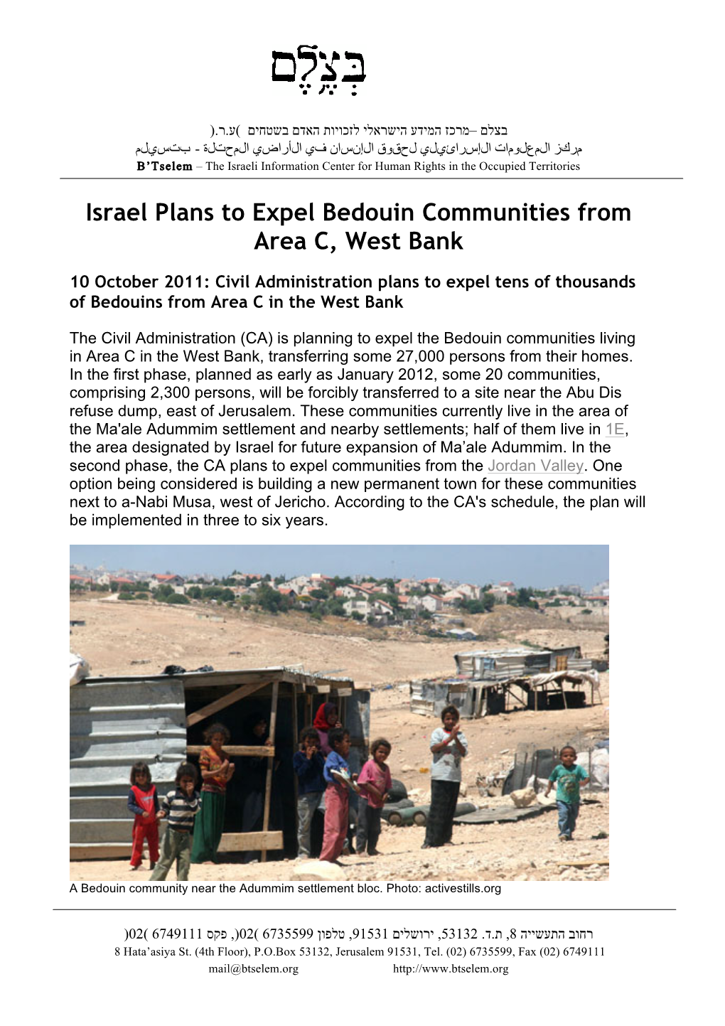 Plan to Expel Bedouin Communities from Area C