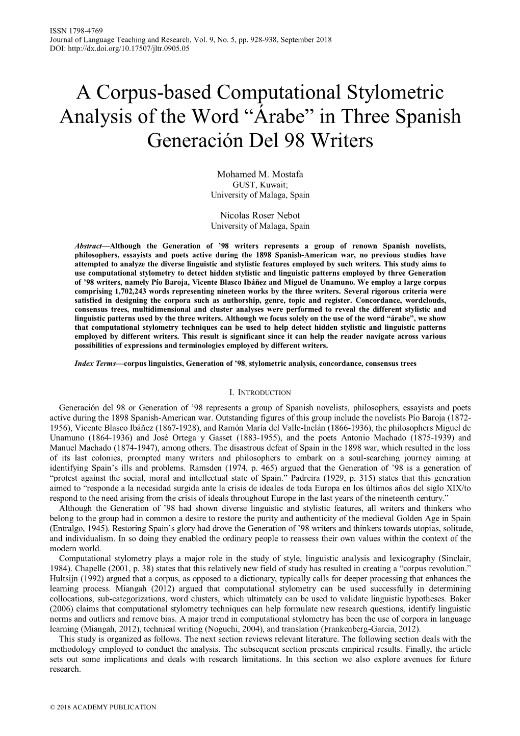 A Corpus-Based Computational Stylometric Analysis of the Word “Árabe” in Three Spanish Generación Del 98 Writers