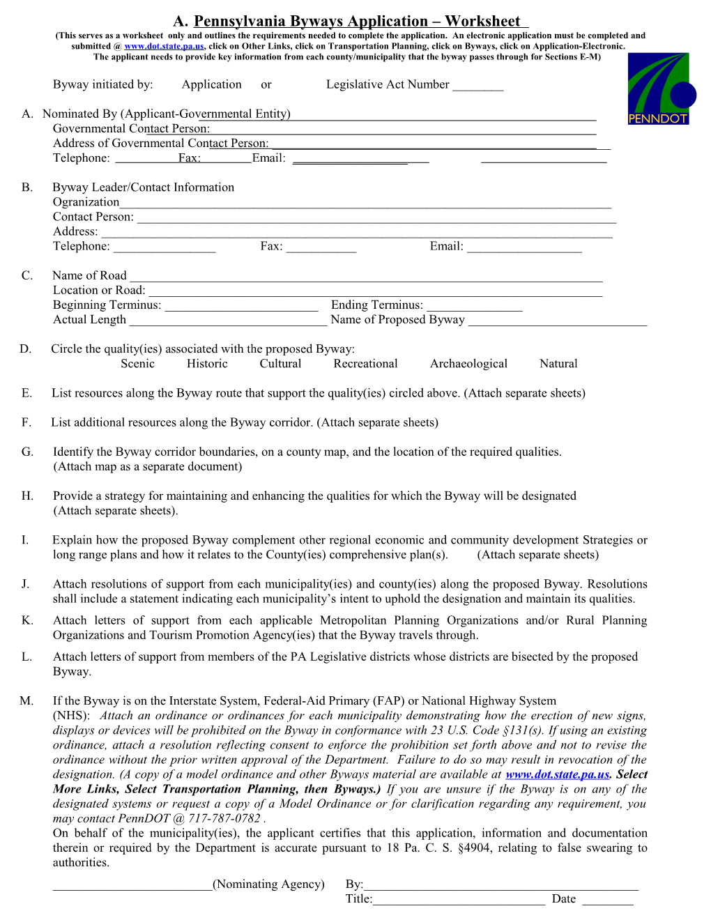 A. Pennsylvania Byways Application Worksheet