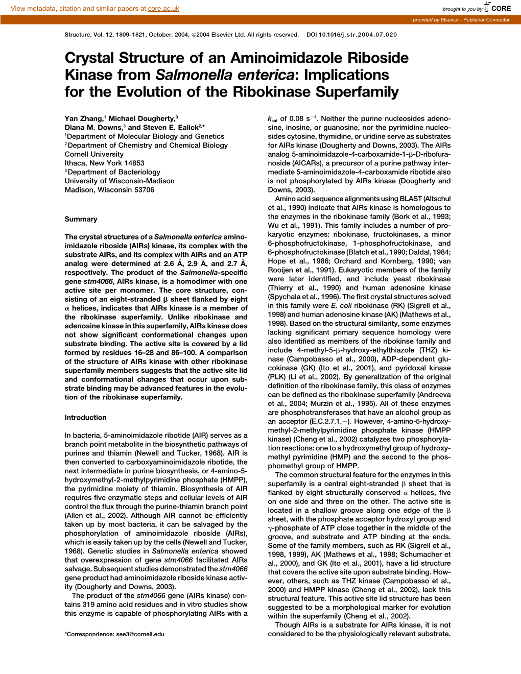 Crystal Structure of an Aminoimidazole Riboside Kinase from Salmonella Enterica: Implications for the Evolution of the Ribokinase Superfamily