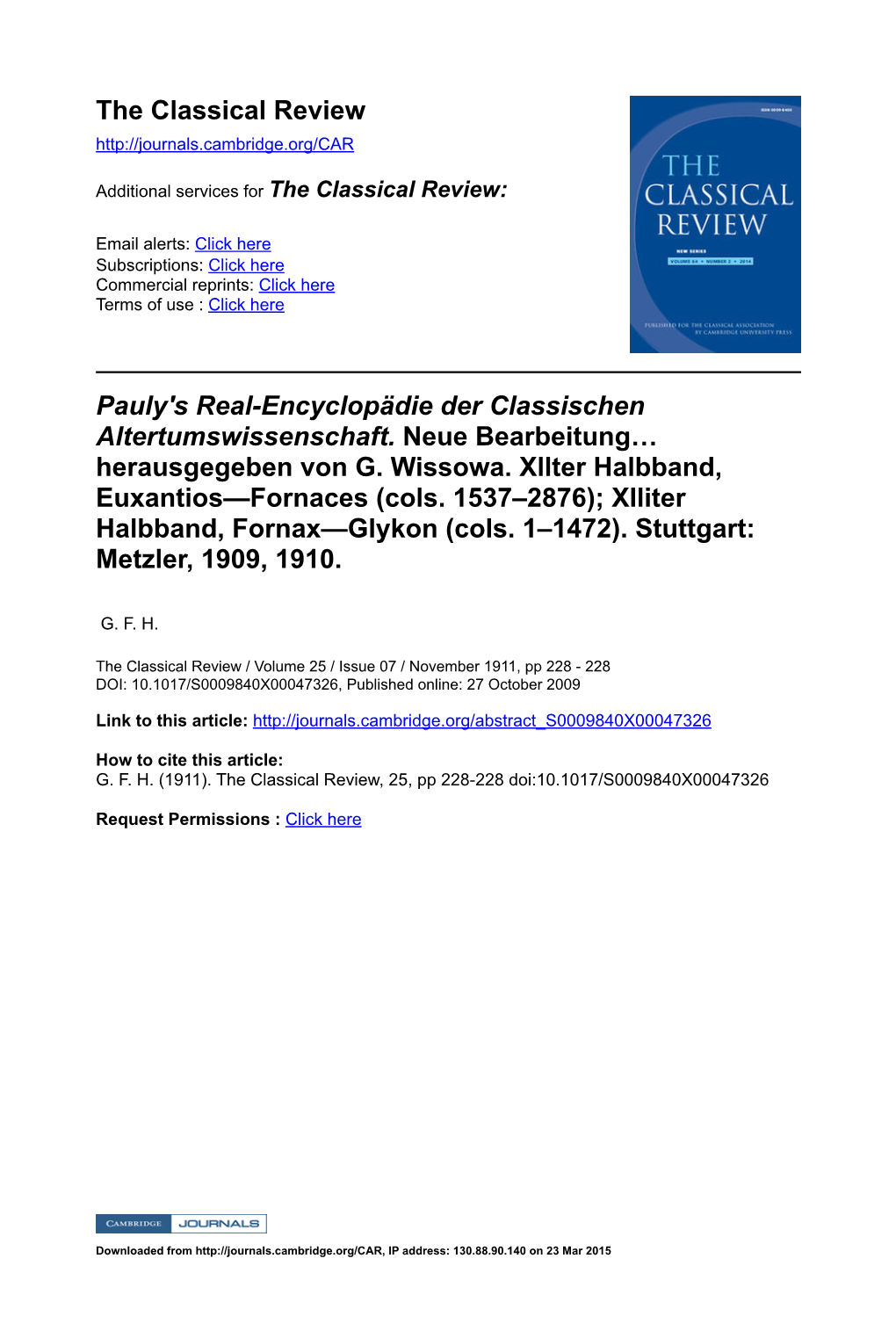 Pauly's Real-Encyclopädie Der Classischen Altertumswissenschaft