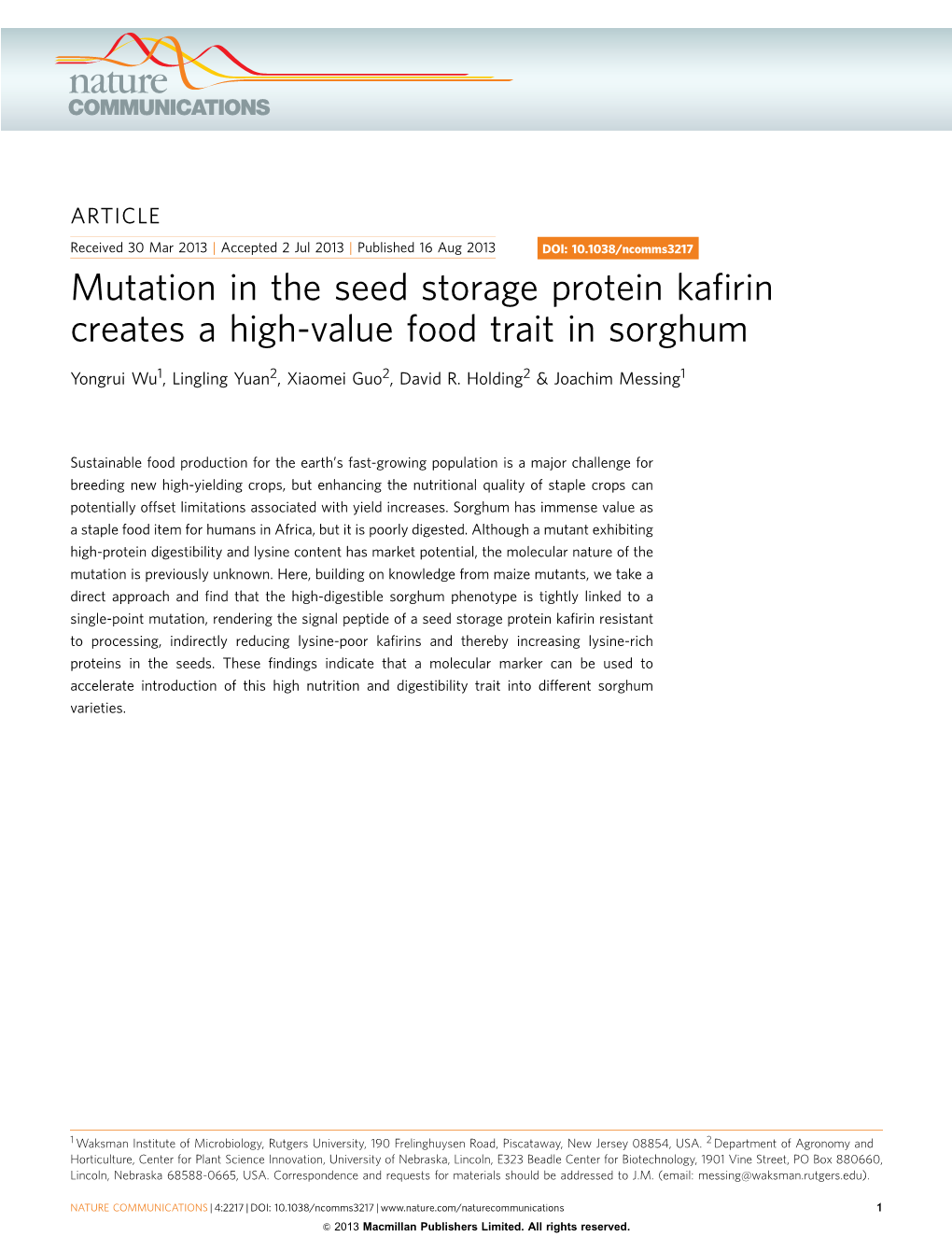 Mutation in the Seed Storage Protein Kafirin Creates a High-Value Food