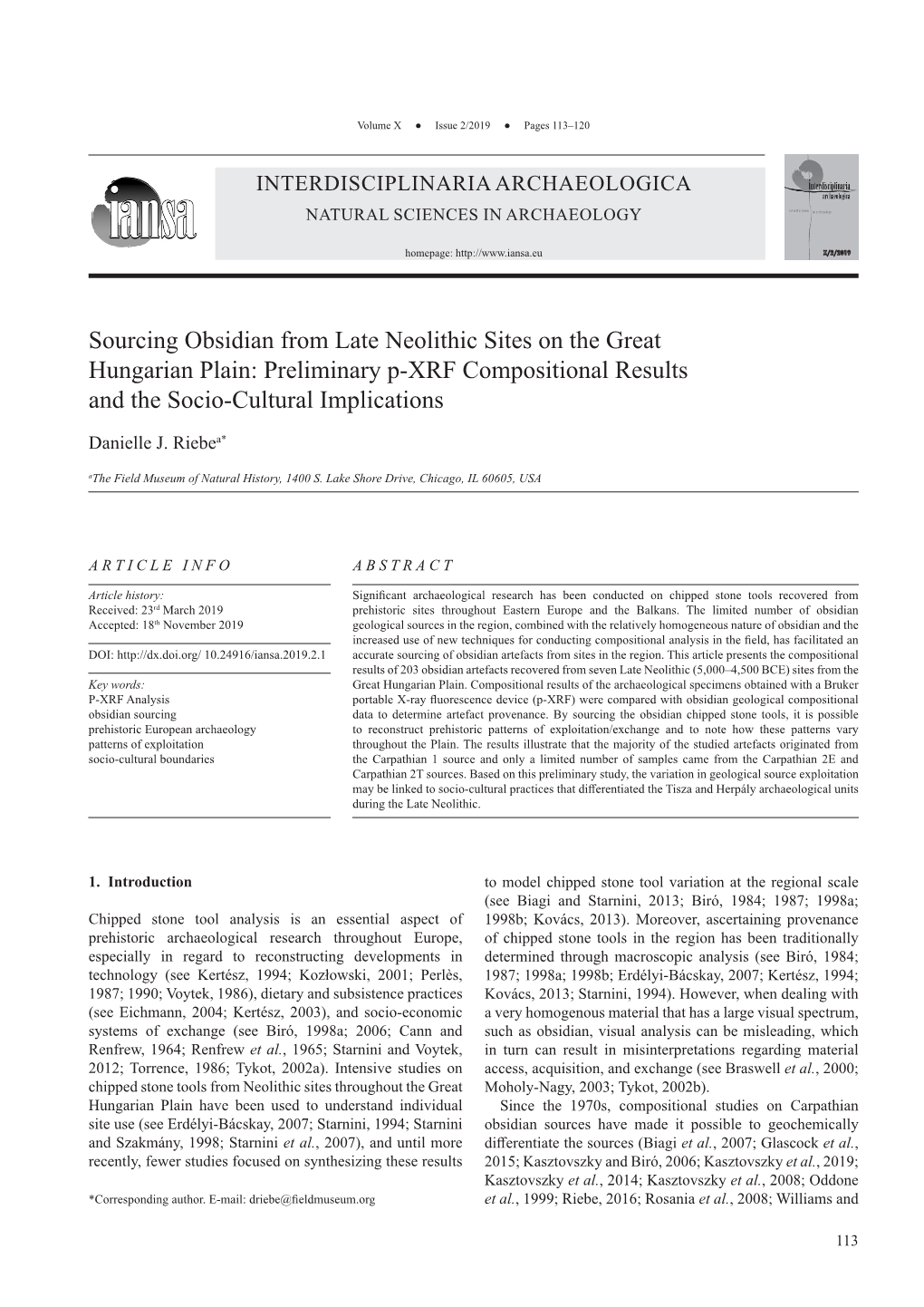 Sourcing Obsidian from Late Neolithic Sites on the Great Hungarian Plain: Preliminary P-XRF Compositional Results and the Socio-Cultural Implications