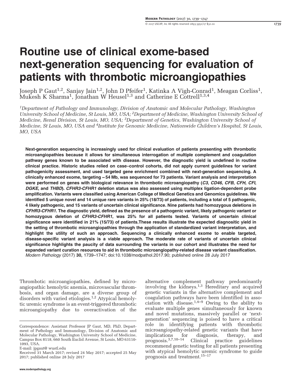 Routine Use of Clinical Exome-Based Next-Generation Sequencing for Evaluation of Patients with Thrombotic Microangiopathies