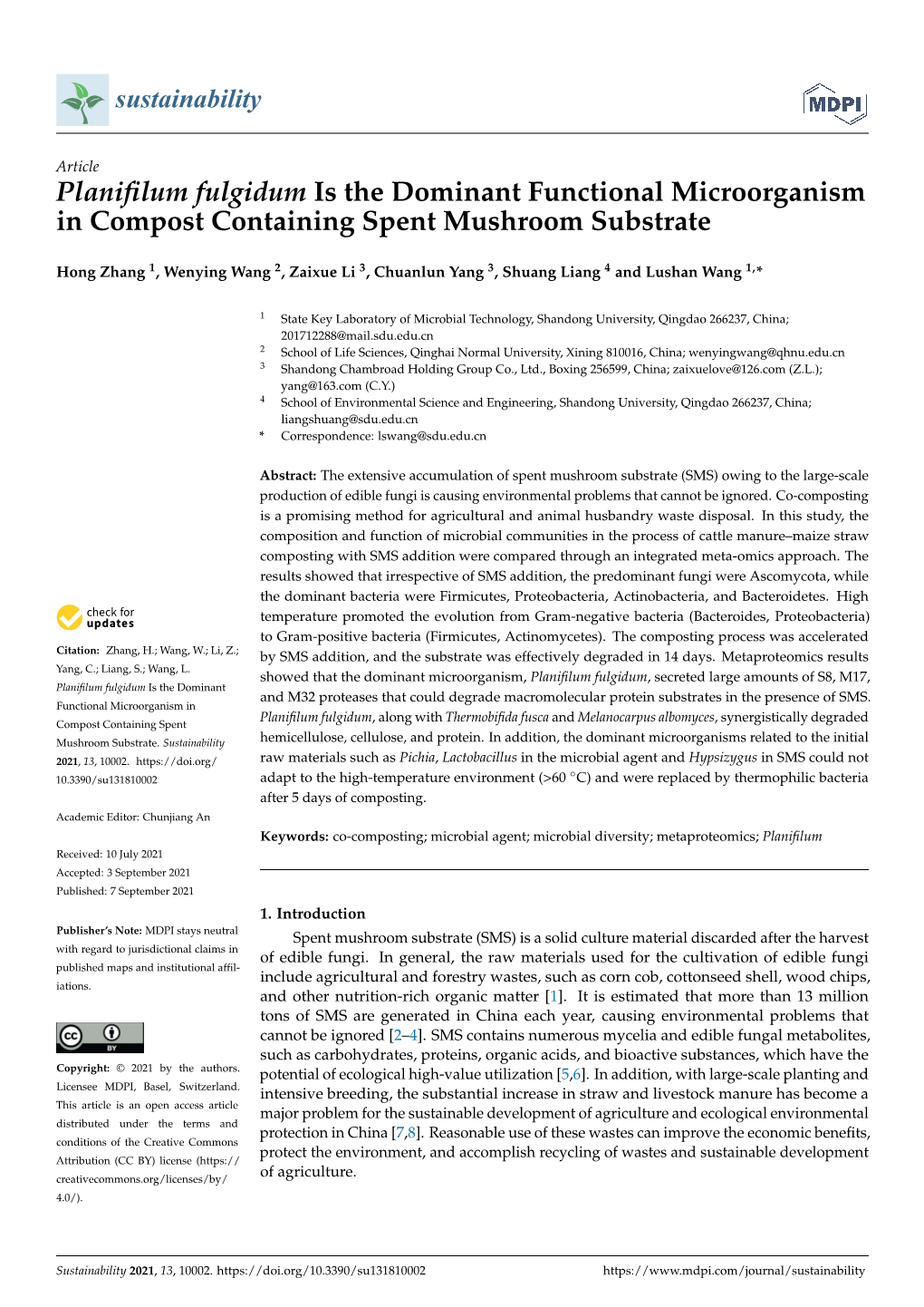 Planifilum Fulgidum Is the Dominant Functional Microorganism in Compost Containing Spent Mushroom Substrate