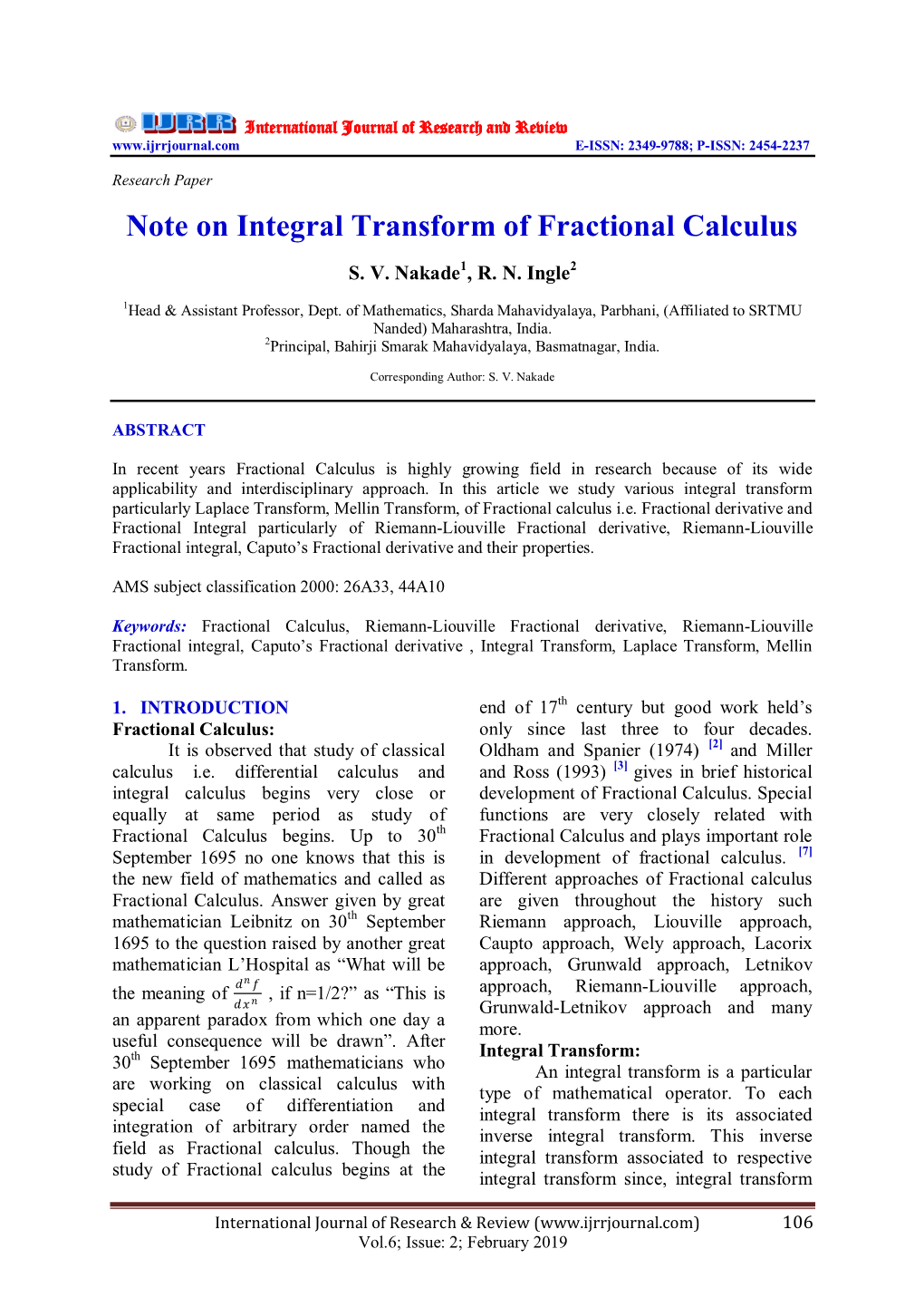 Note on Integral Transform of Fractional Calculus