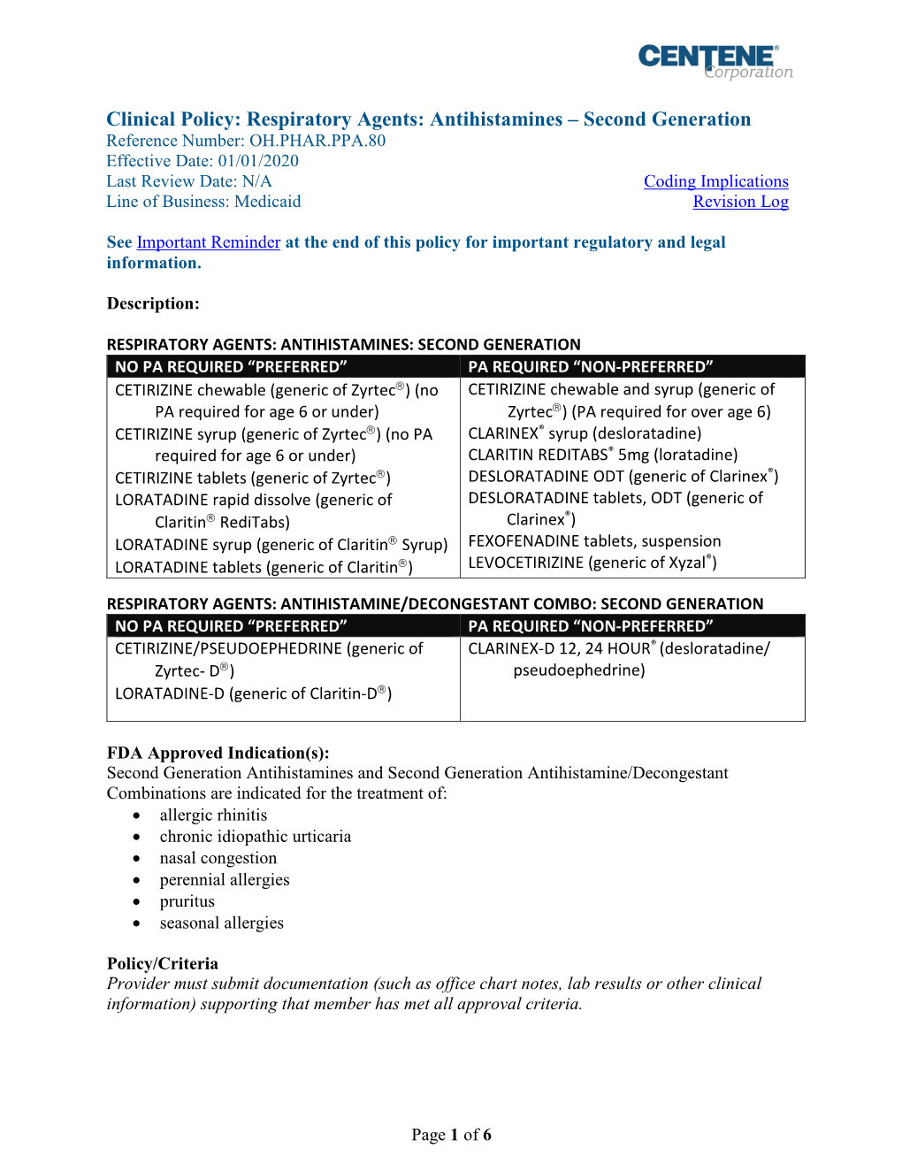 Respiratory Agents: Antihistamines