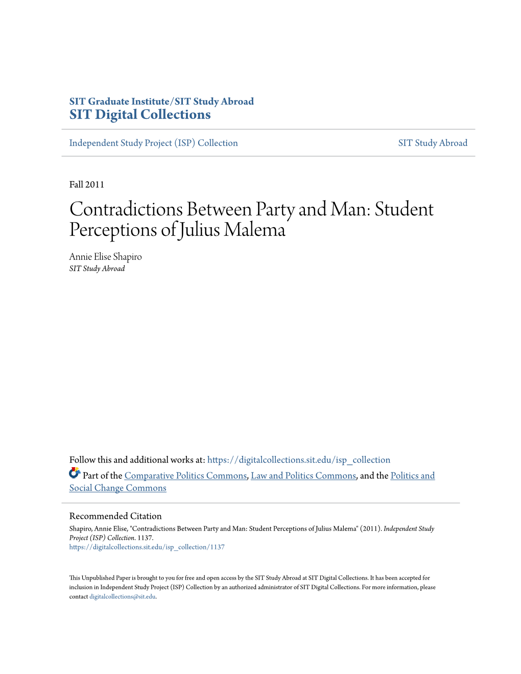 Contradictions Between Party and Man: Student Perceptions of Julius Malema Annie Elise Shapiro SIT Study Abroad