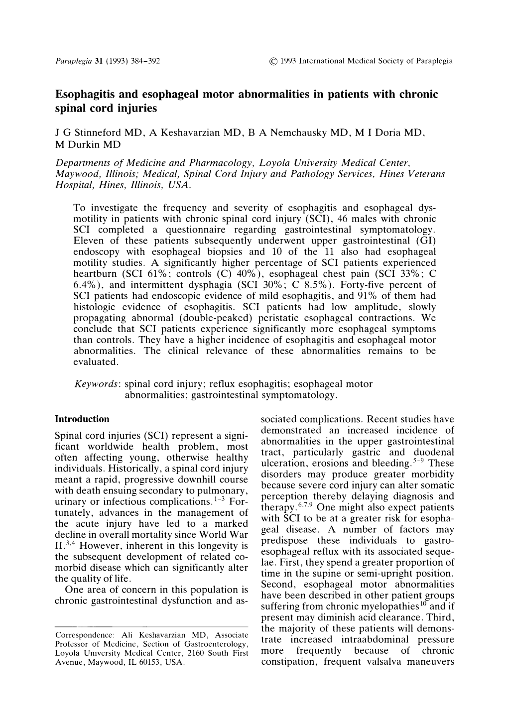 Esophagitis and Esophageal Motor Abnormalities in Patients with Chronic Spinal Cord Injuries