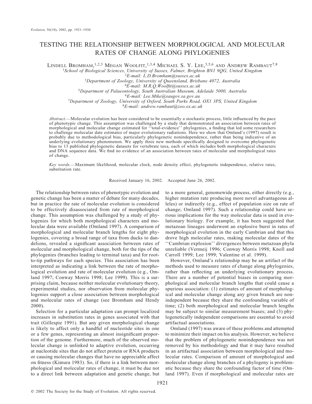 Testing the Relationship Between Morphological and Molecular Rates of Change Along Phylogenies