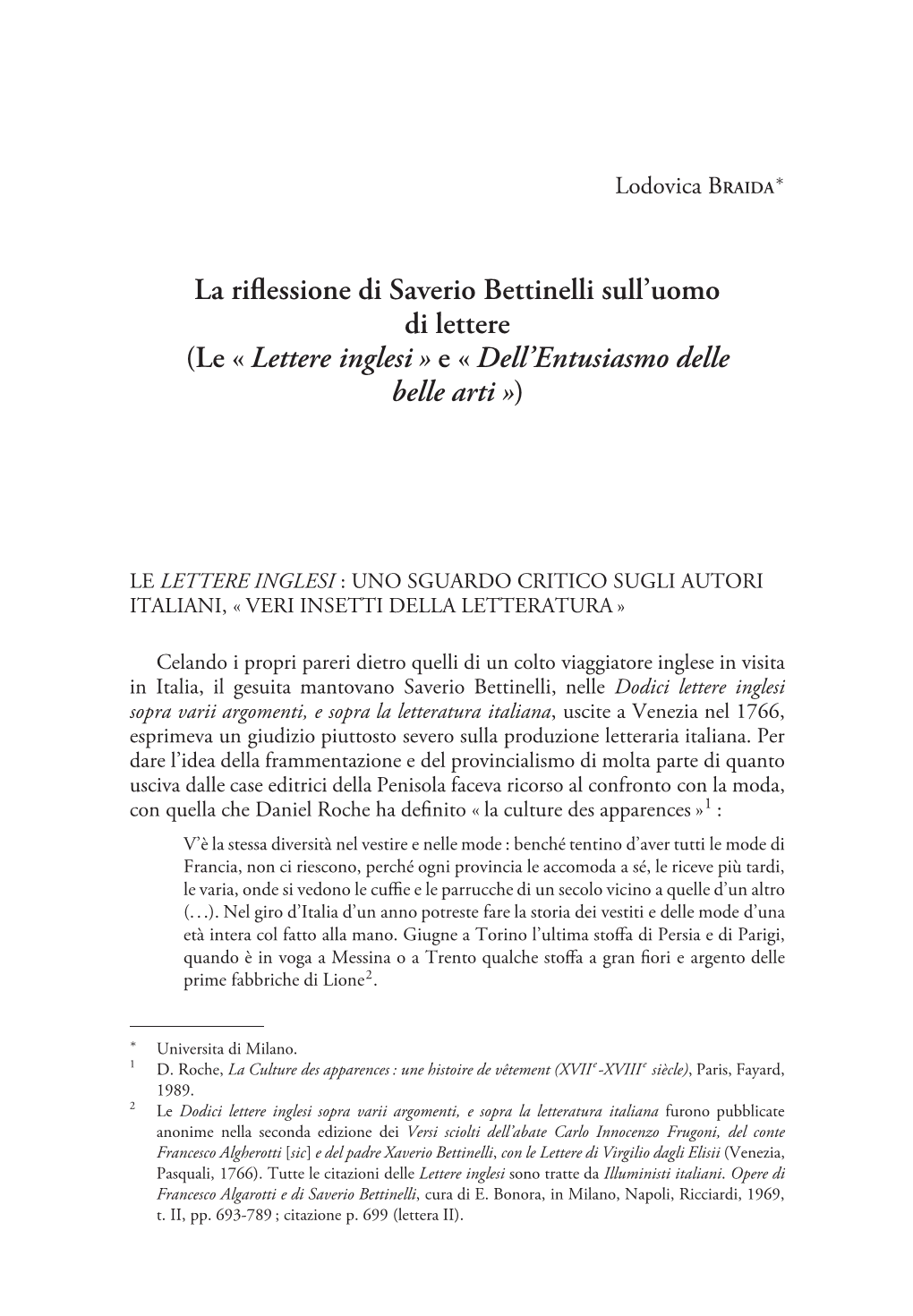 La Riflessione Di Saverio Bettinelli Sull'uomo Di Lettere (Le « Lettere