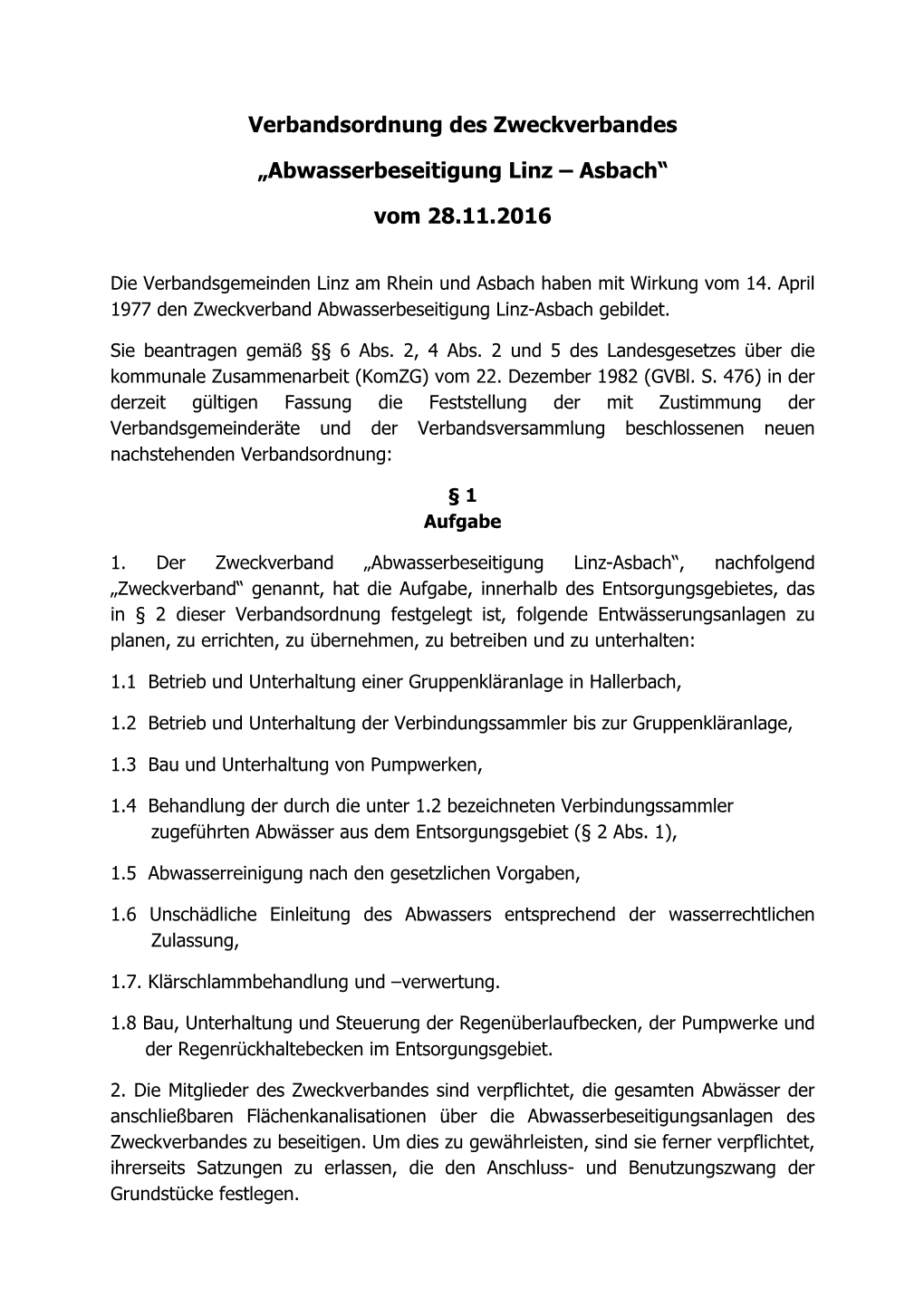 Verbandsordnung Des Zweckverbandes Linz-Asbach Vom