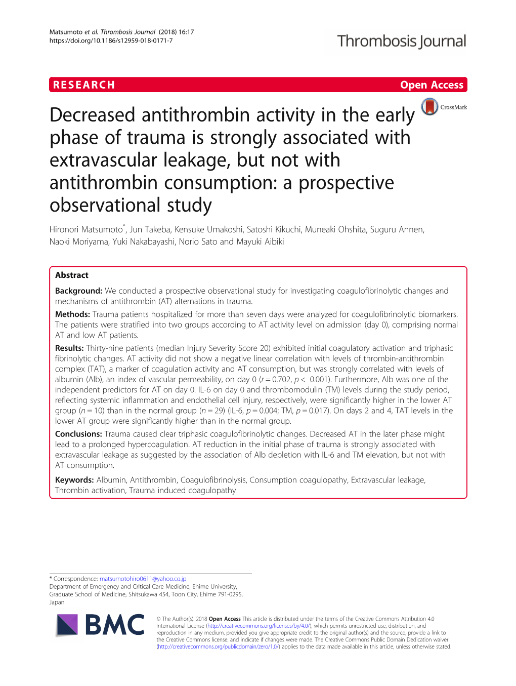 Decreased Antithrombin Activity in the Early Phase of Trauma Is Strongly