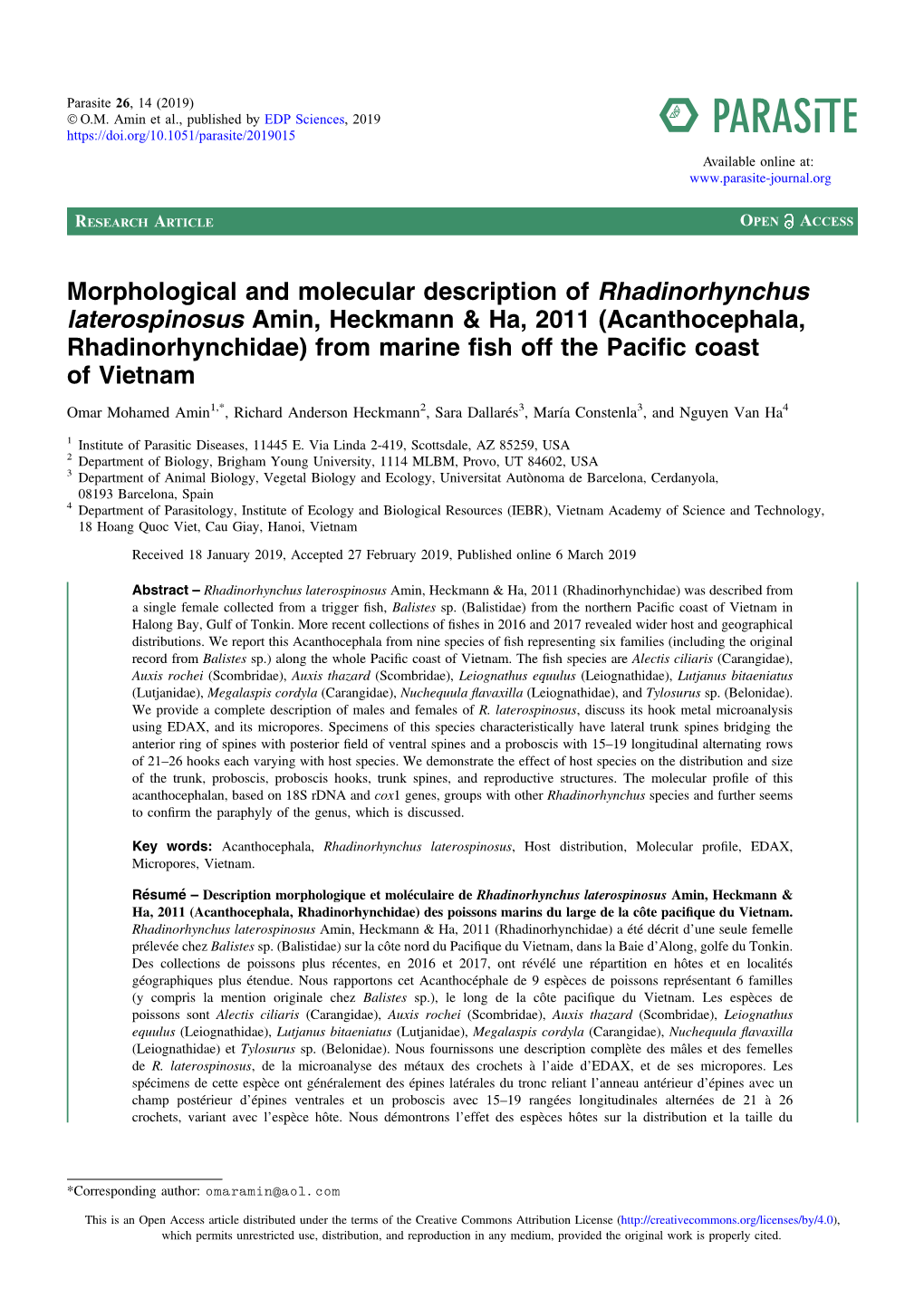 Ha, 2011 (Acanthocephala, Rhadinorhynchidae) from Marine ﬁsh Off the Paciﬁc Coast of Vietnam