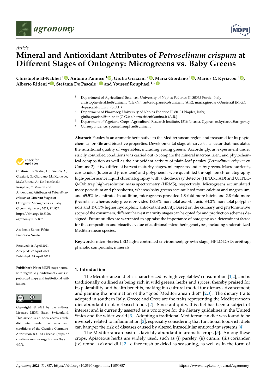 Mineral and Antioxidant Attributes of Petroselinum Crispum at Different Stages of Ontogeny: Microgreens Vs