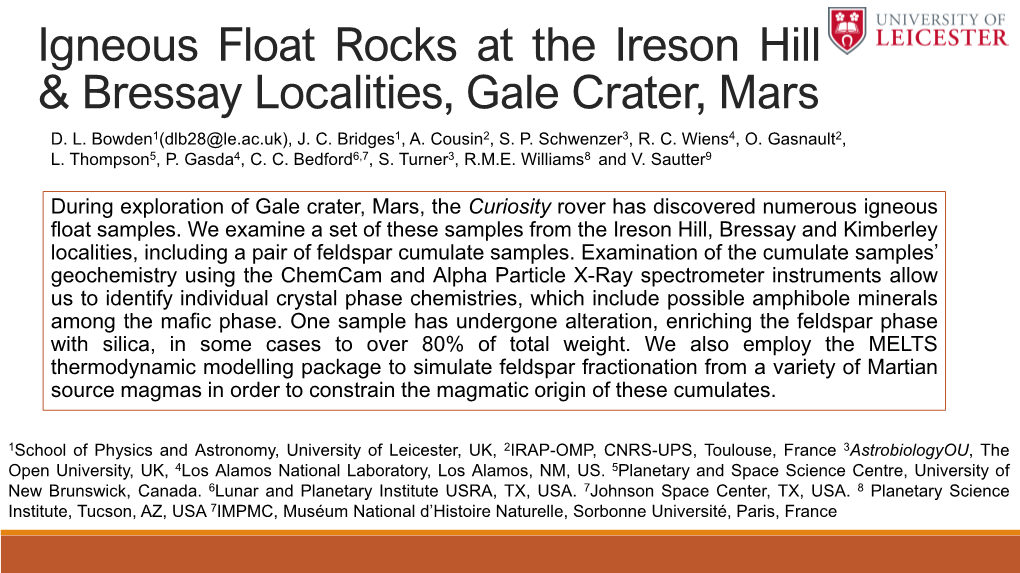 Igneous Float Rocks at the Ireson Hill and Bressay Localities, Gale Crater