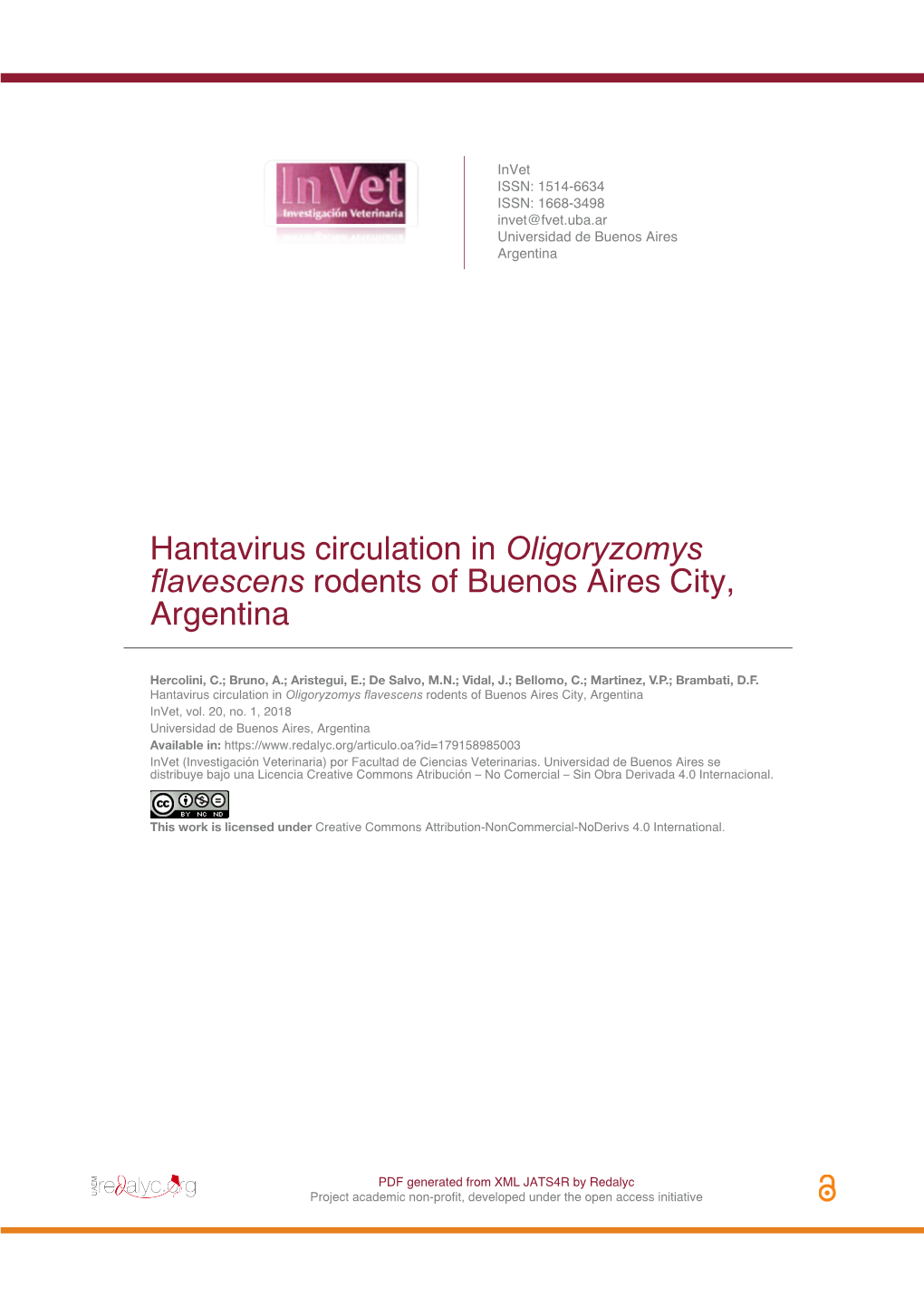 Hantavirus Circulation in Oligoryzomys Flavescens Rodents of Buenos Aires City, Argentina