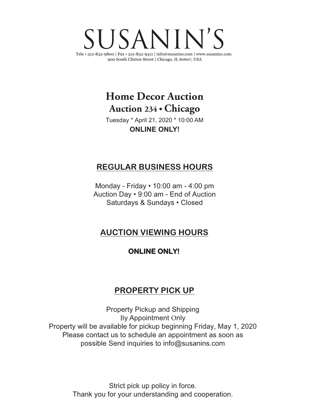 Home Decor Auction Auction 234 • Chicago Tuesday * April 21, 2020 * 10:00 AM ONLINE ONLY!