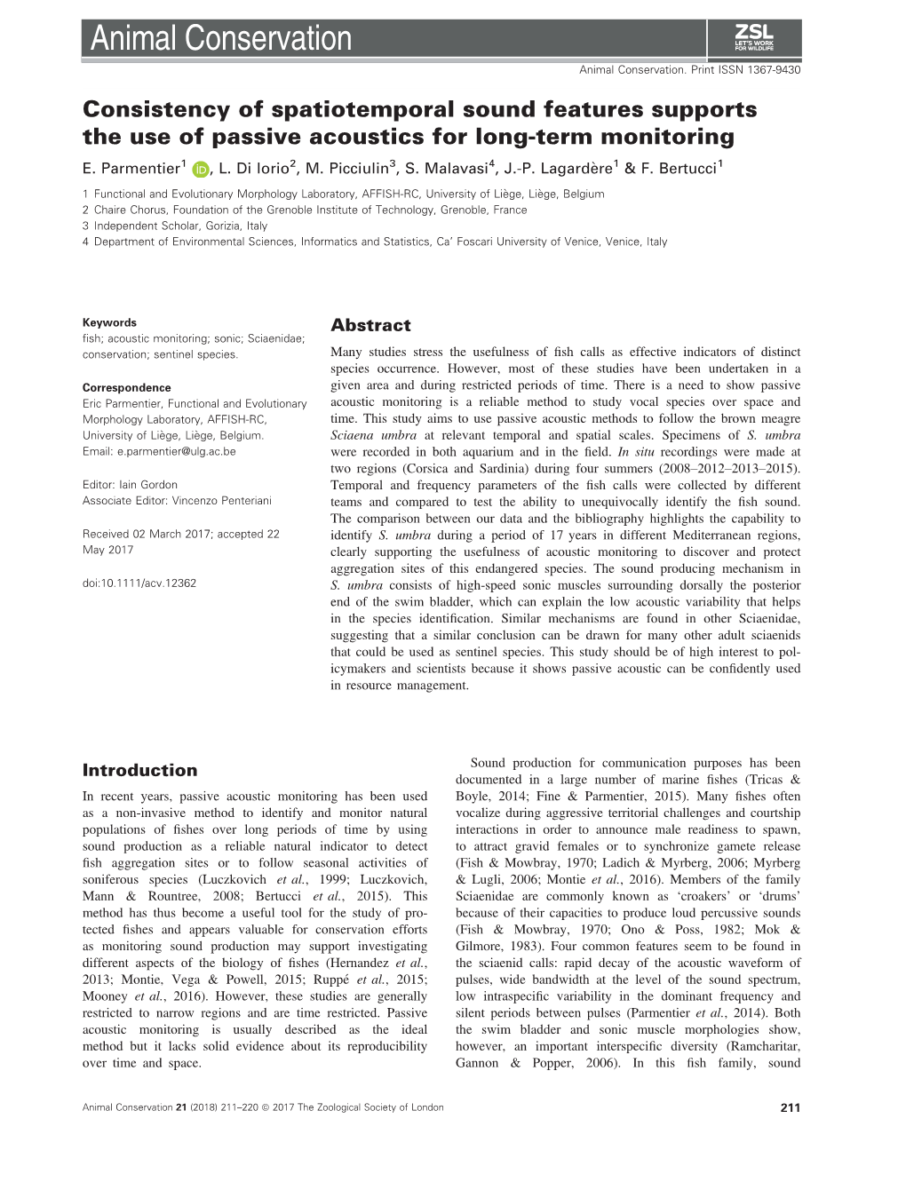 Consistency of Spatiotemporal Sound Features Supports the Use of Passive Acoustics for Long-Term Monitoring E