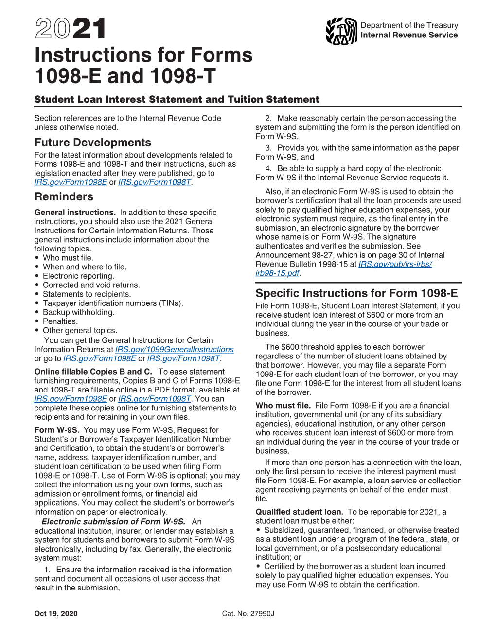 2021 Instructions for Forms 1098-E and 1098-T