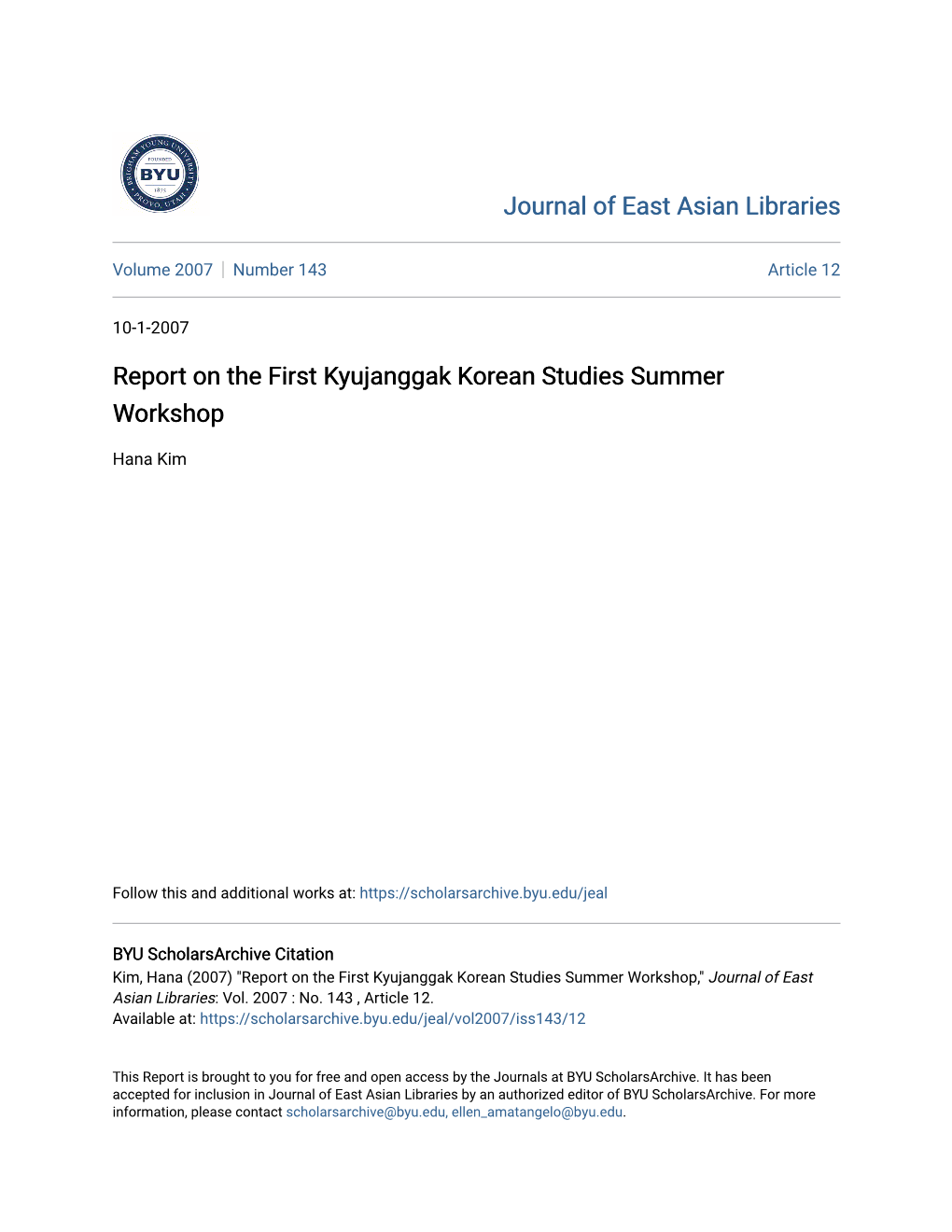 Report on the First Kyujanggak Korean Studies Summer Workshop