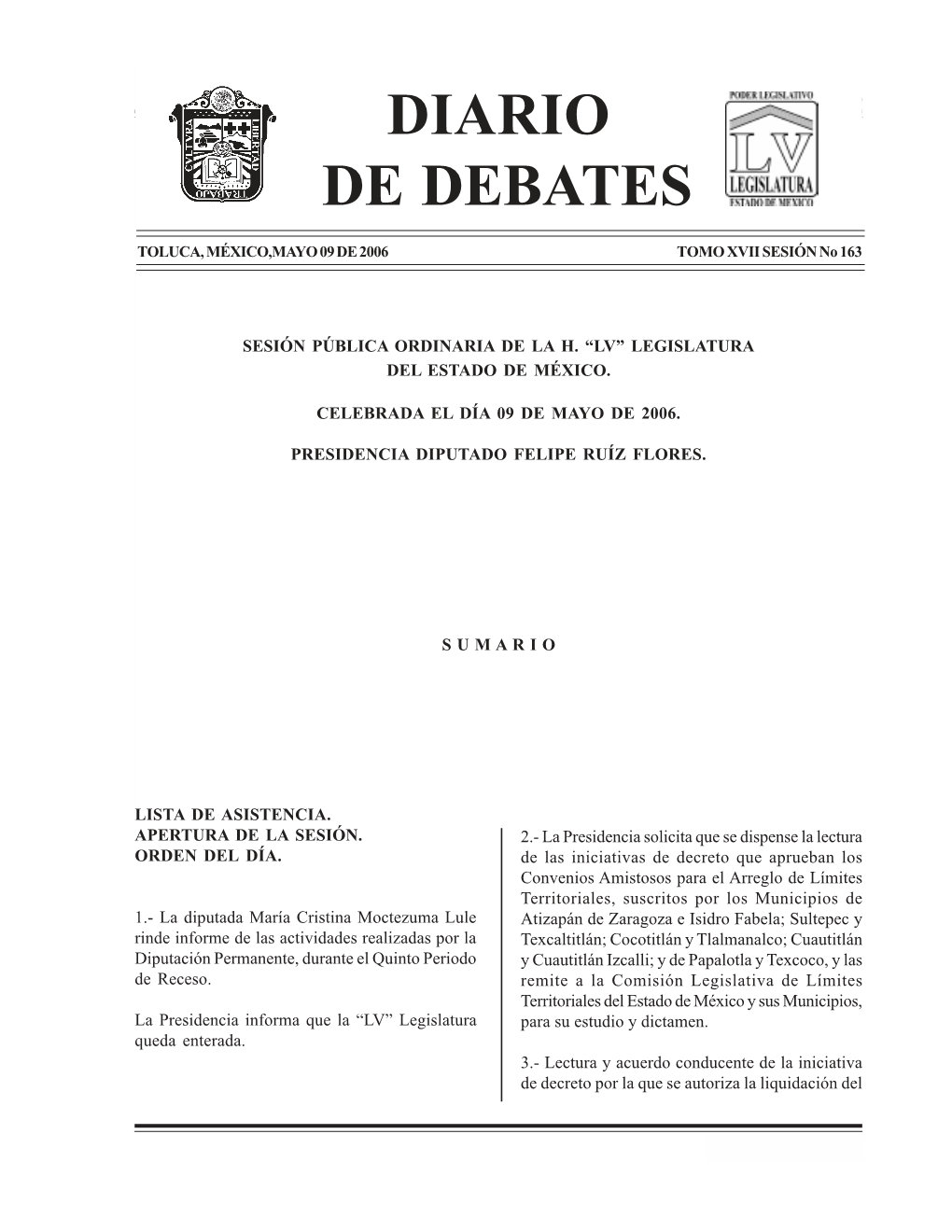 Diario De Debates LV Legislatura Del Estado De México DE DEBATES