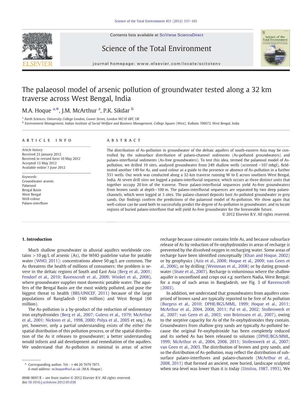 The Palaeosol Model of Arsenic Pollution of Groundwater Tested Along a 32 Km Traverse Across West Bengal, India