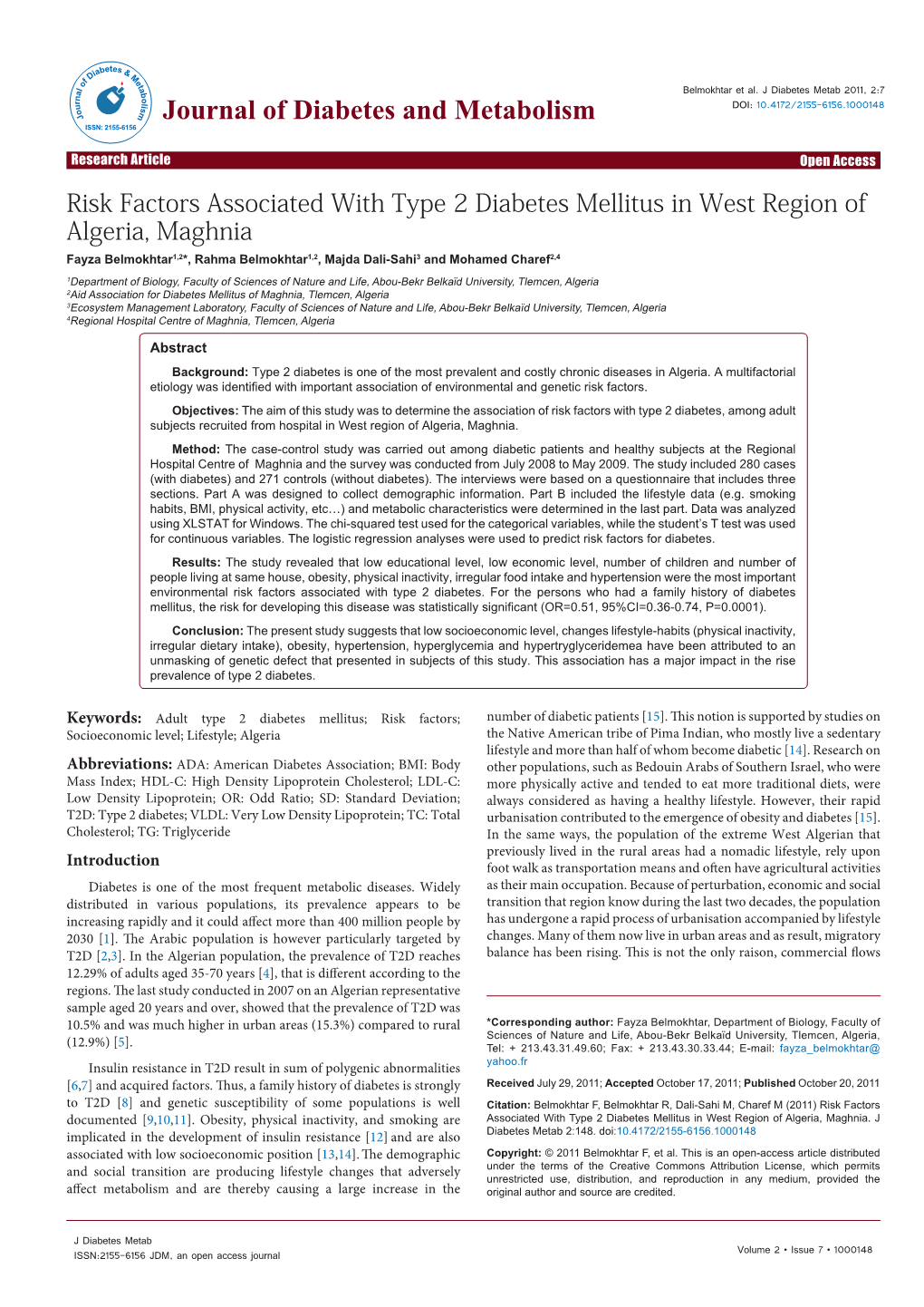 Risk Factors Associated with Type 2 Diabetes Mellitus in West Region Of