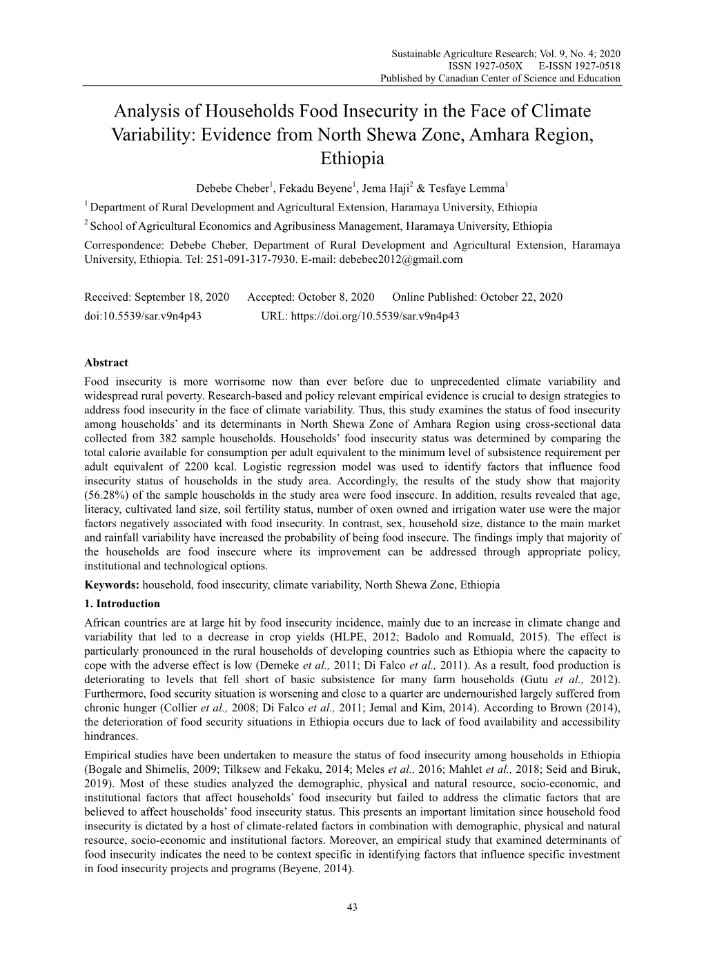 Analysis of Households Food Insecurity in the Face of Climate Variability: Evidence from North Shewa Zone, Amhara Region, Ethiopia