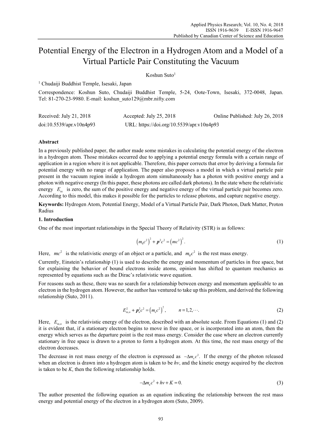 Potential Energy of the Electron in a Hydrogen Atom and a Model of a Virtual Particle Pair Constituting the Vacuum