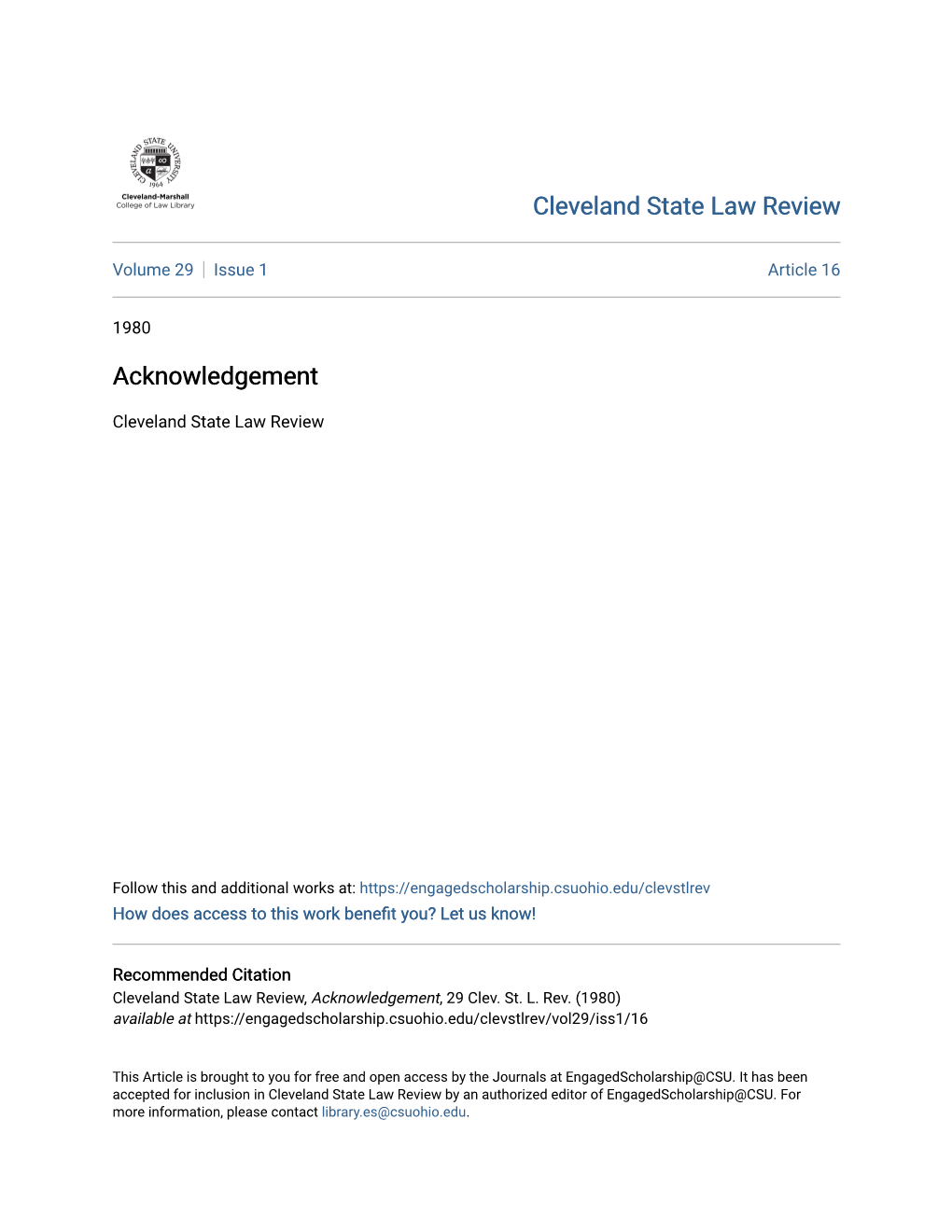 Cleveland State Law Review Acknowledgement