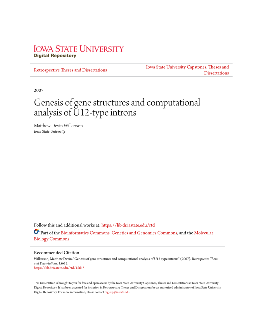 Genesis of Gene Structures and Computational Analysis of U12-Type Introns Matthew Evd in Wilkerson Iowa State University