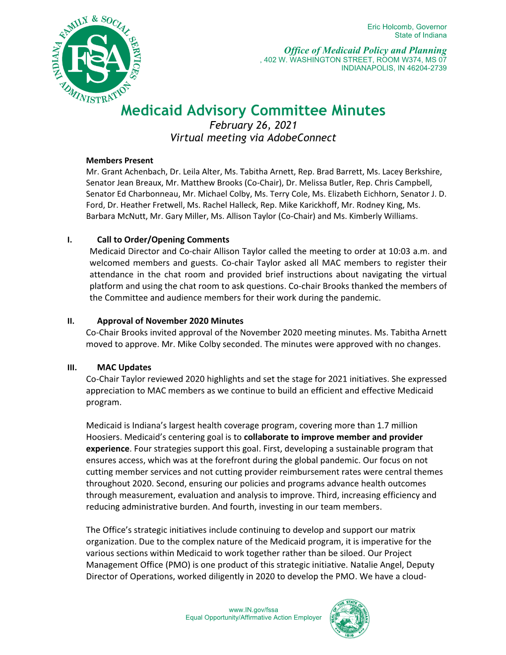 Medicaid Advisory Committee Minutes, February 26, 2021