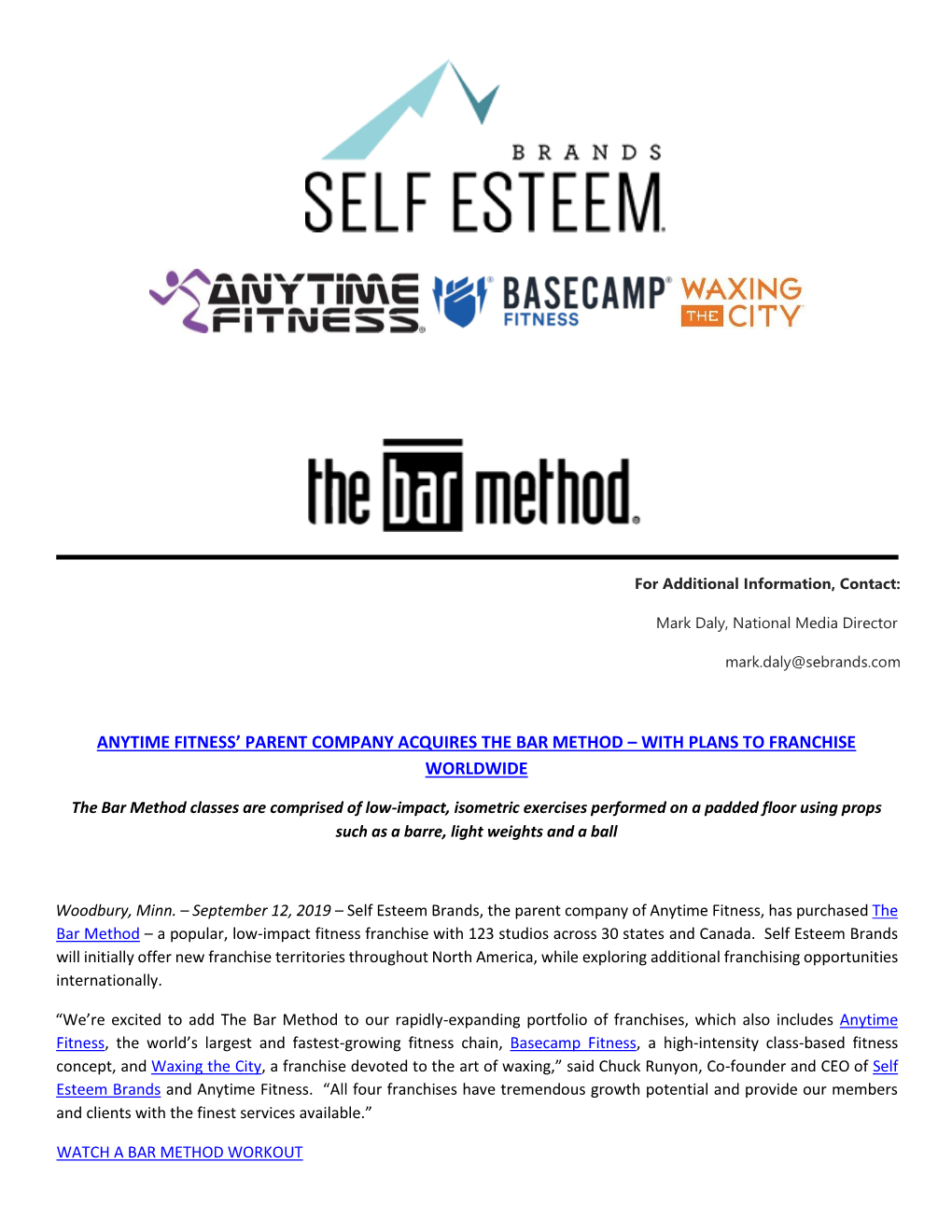 Self Esteem Brands Acquires the Bar Method