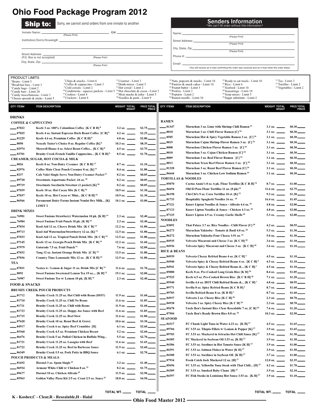 Ohio Food Master 2012 QTY ITEM# ITEM DESCRIPTION WEIGHT TOTAL PRICE TOTAL QTY ITEM# ITEM DESCRIPTION WEIGHT TOTAL PRICE TOTAL WEIGHT PRICE WEIGHT PRICE