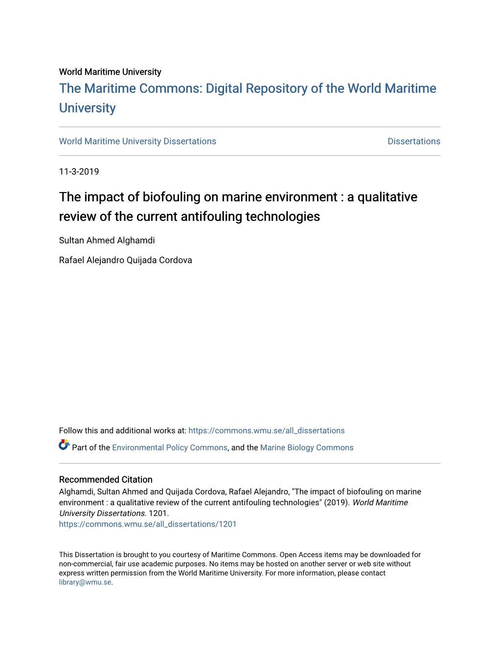 The Impact of Biofouling on Marine Environment : a Qualitative Review of the Current Antifouling Technologies