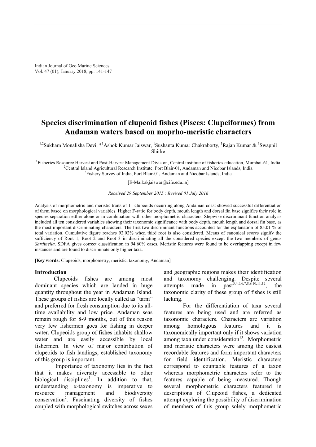 Species Discrimination of Clupeoid Fishes (Pisces: Clupeiformes) from Andaman Waters Based on Moprho-Meristic Characters