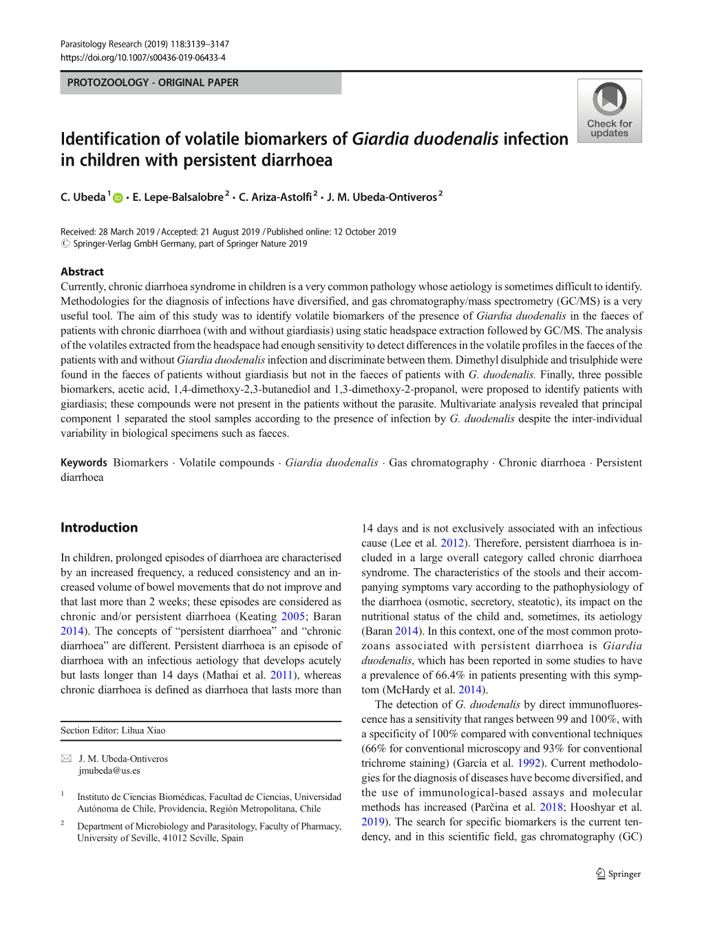 Identification of Volatile Biomarkers of Giardia Duodenalis Infection in Children with Persistent Diarrhoea