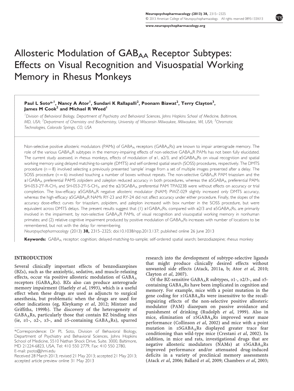 Allosteric Modulation of GABAA Receptor Subtypes: Effects on Visual Recognition and Visuospatial Working Memory in Rhesus Monkeys