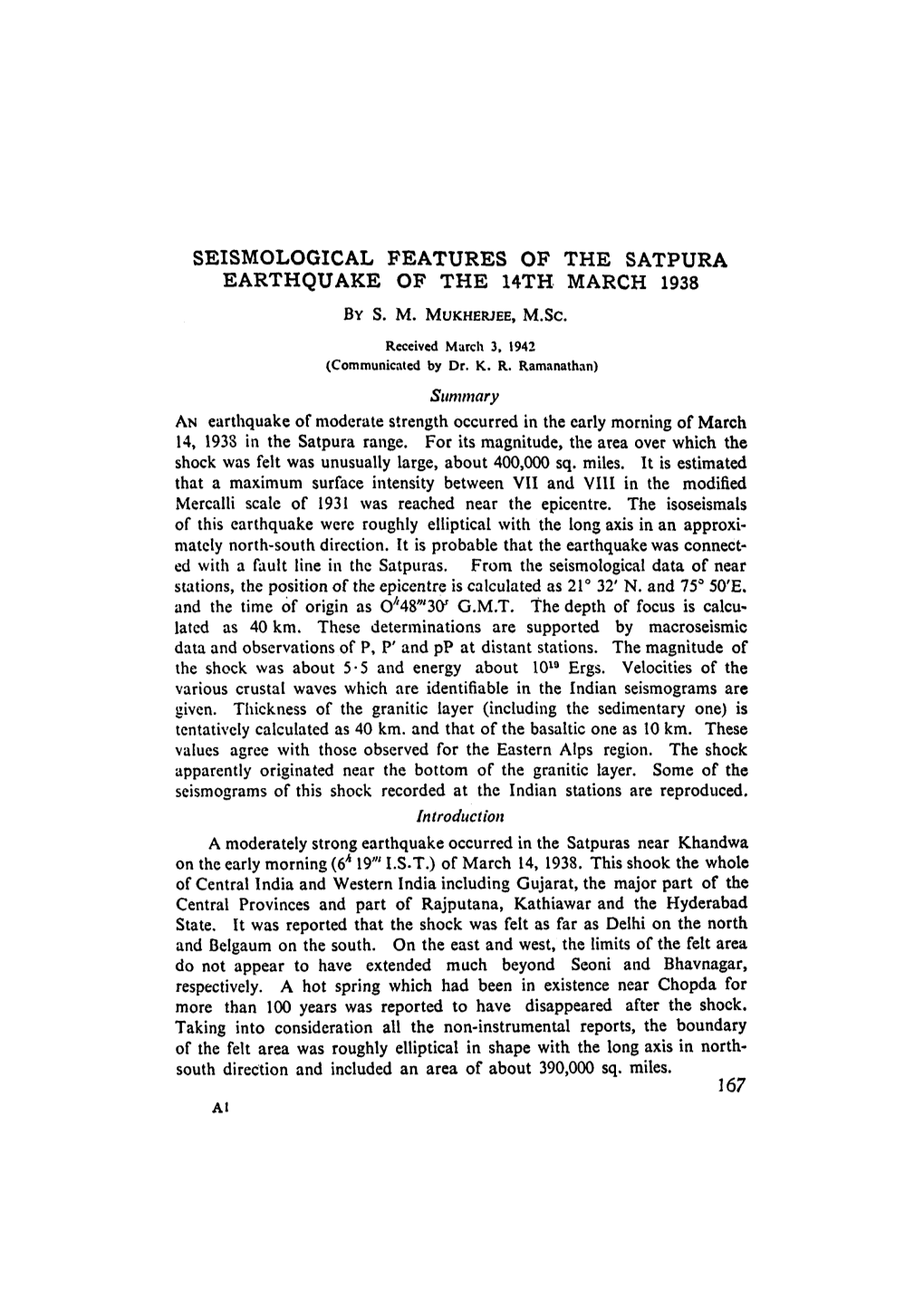 Seismological Features of the Satpura Earthquake of the 14Th March 1938