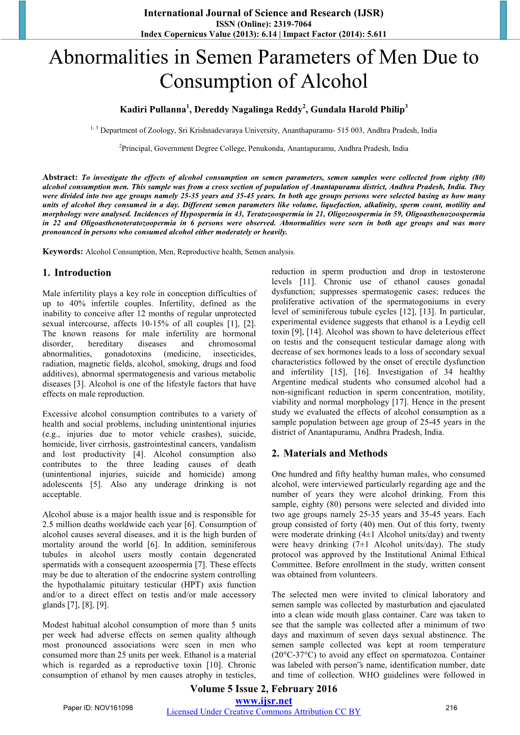 Abnormalities in Semen Parameters of Men Due to Consumption of Alcohol