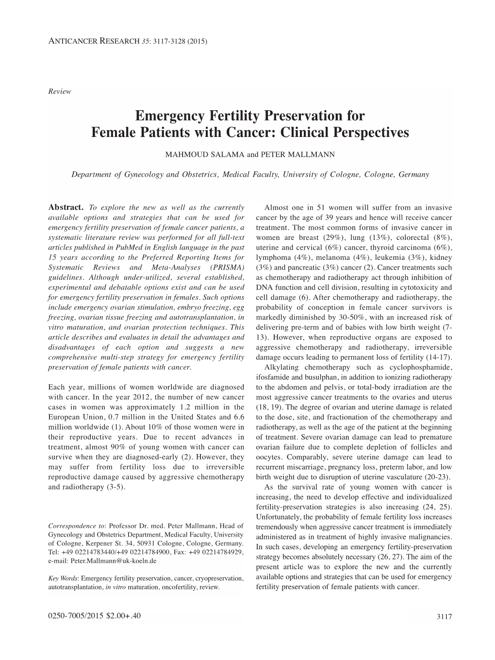 Emergency Fertility Preservation for Female Patients with Cancer: Clinical Perspectives