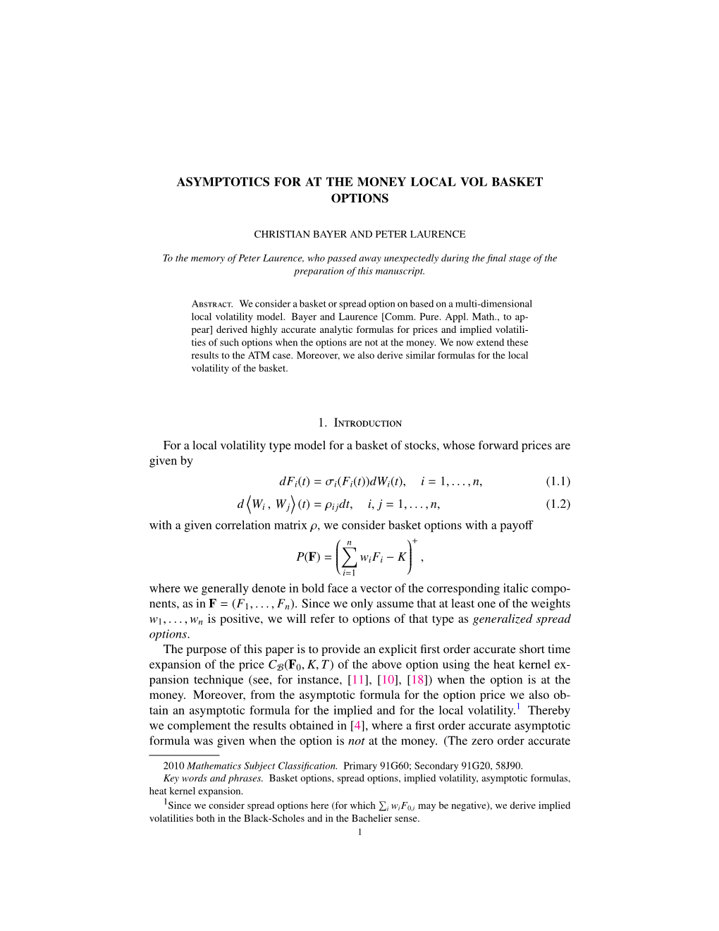 Asymptotics for at the Money Local Vol Basket Options