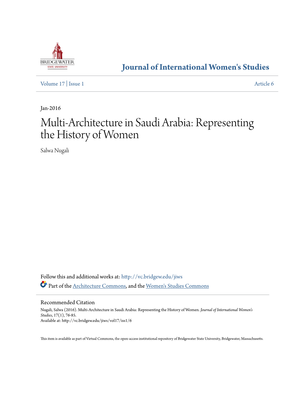 Multi-Architecture in Saudi Arabia: Representing the History of Women Salwa Nugali