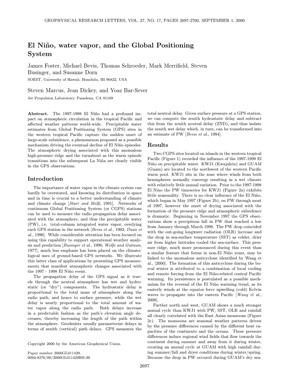 El Ni˜No, Water Vapor, and the Global Positioning System