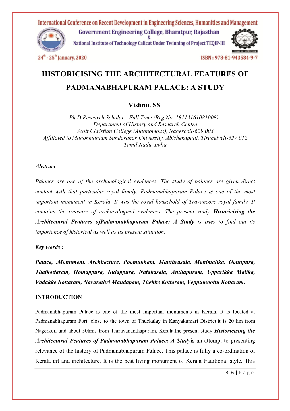 Historicising the Architectural Features of Padmanabhapuram Palace: a Study