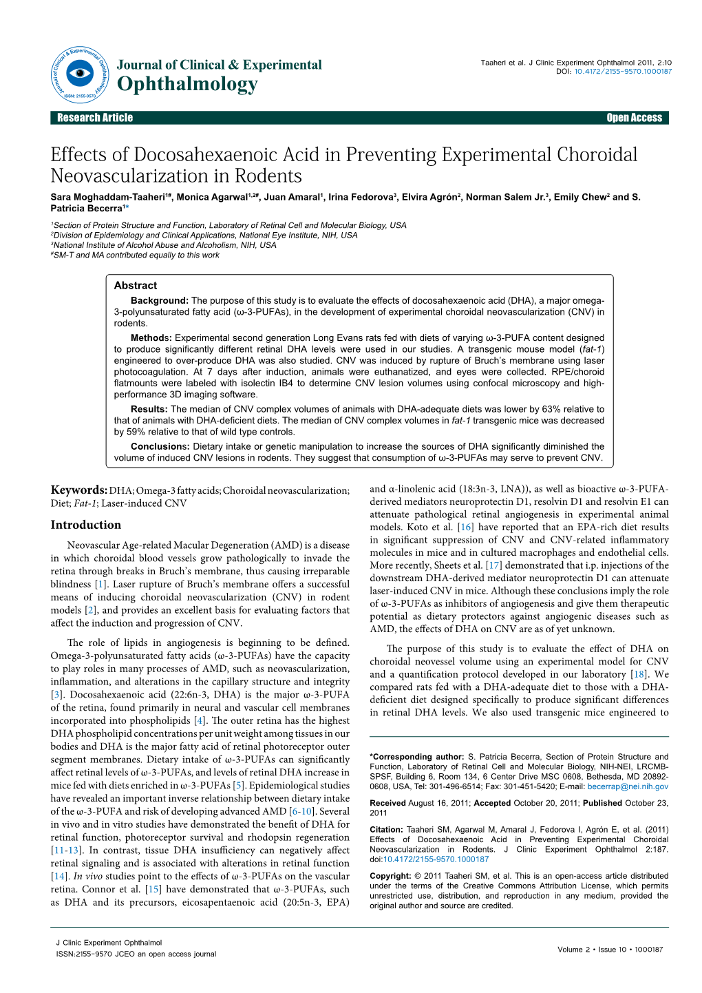 Effects of Docosahexaenoic Acid in Preventing Experimental Choroidal Neovascularization in Rodents