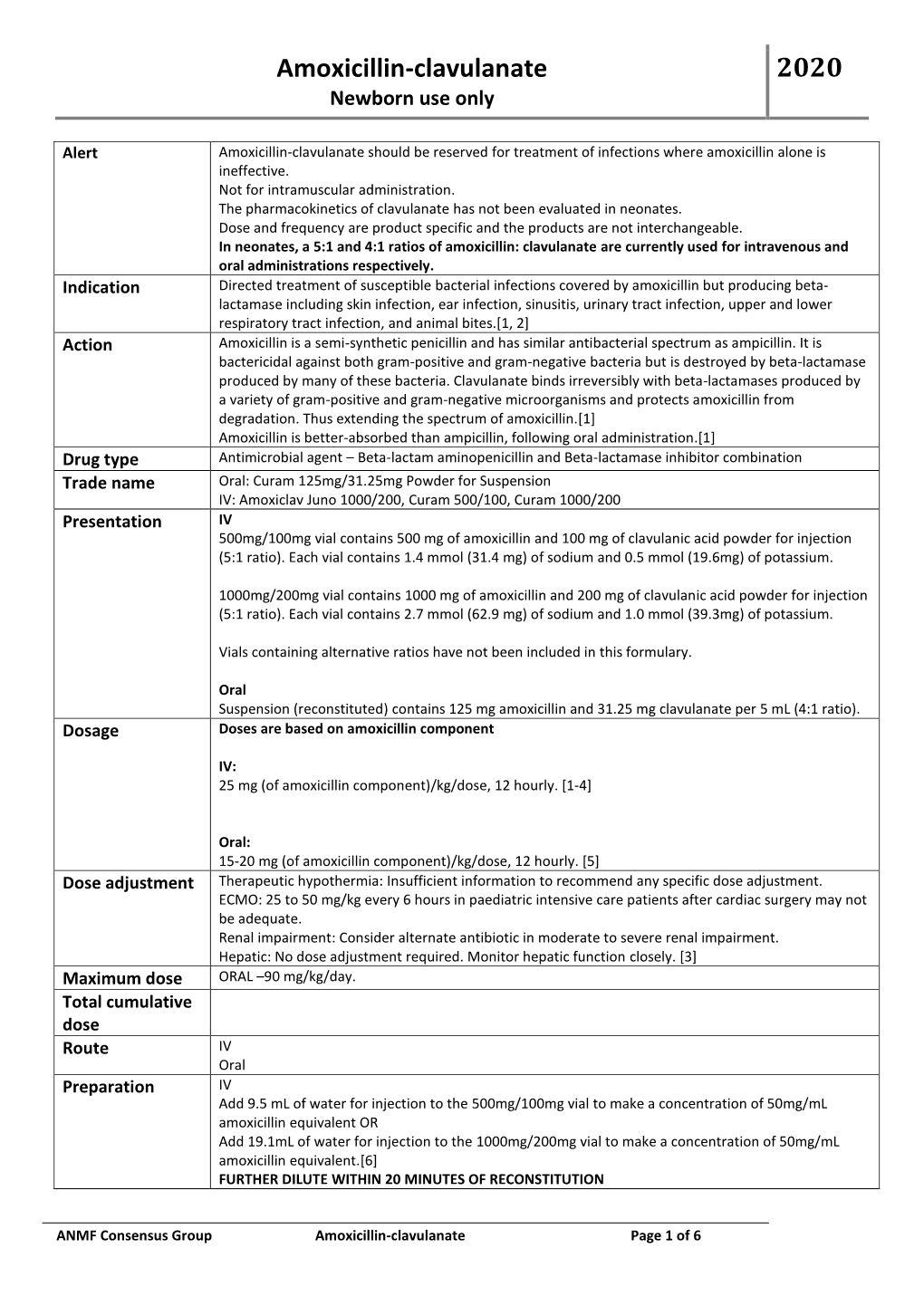 Amoxicillin-Clavulanate 2020 Newborn Use Only