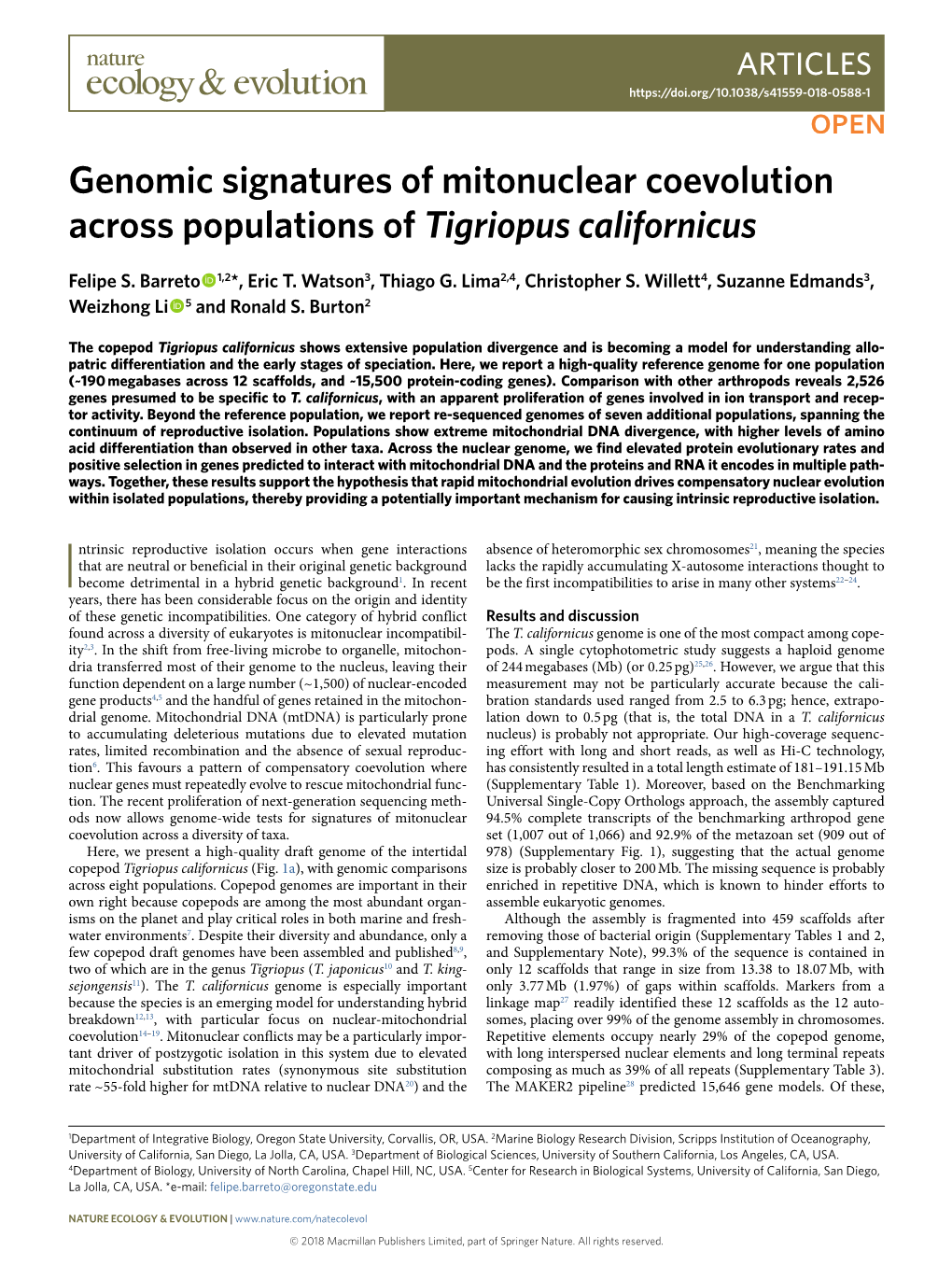 Genomic Signatures of Mitonuclear Coevolution Across Populations of Tigriopus Californicus