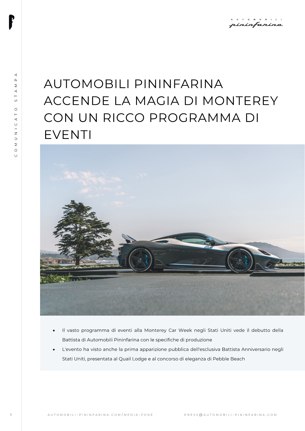 Automobili Pininfarina Accende La Magia Di Monterey Con Un Ricco Programma Di Eventi Comunicato Stampa Comunicato